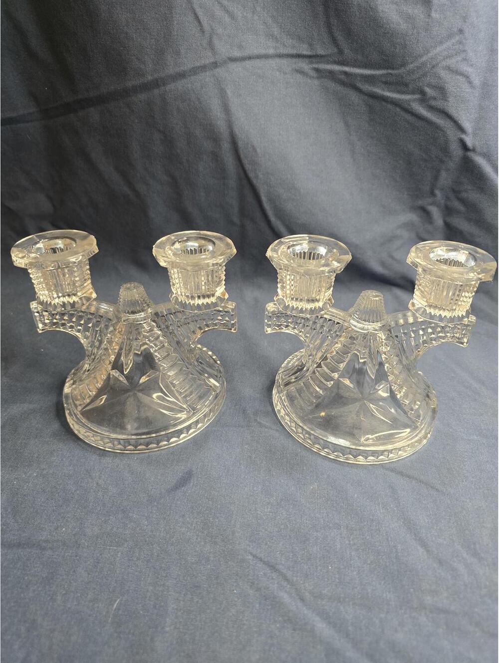Set of Two Vintage 1930s Federal Glass Wigwam Double Candleholders